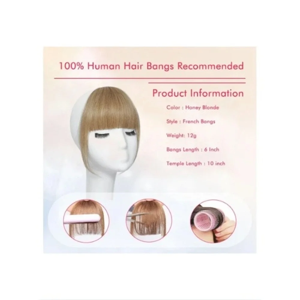 ELEFOCUS Clip in Bangs 100% Human Hair Honey Blonde French Fringe with Temples